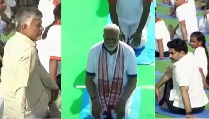 యోగాసనాలు వేసిన ప్రధాని మోడీ, సీఎం చంద్రబాబు